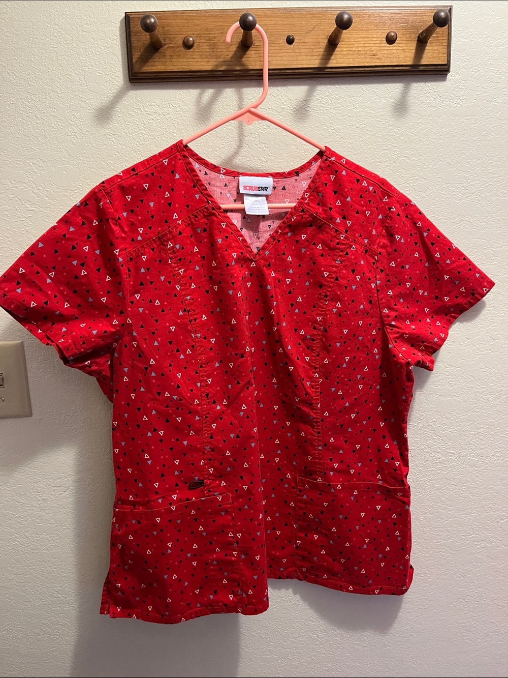 Scrubstar Red V-Neck Triangle Print Scrub Top with matching scrub pants